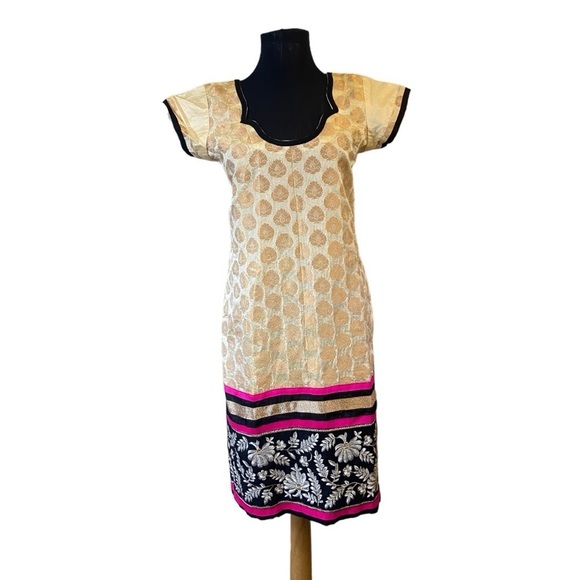Beautiful Cream Gold Kurta With Pink Black Gold Embroidery at Bottom - Picture 1 of 15